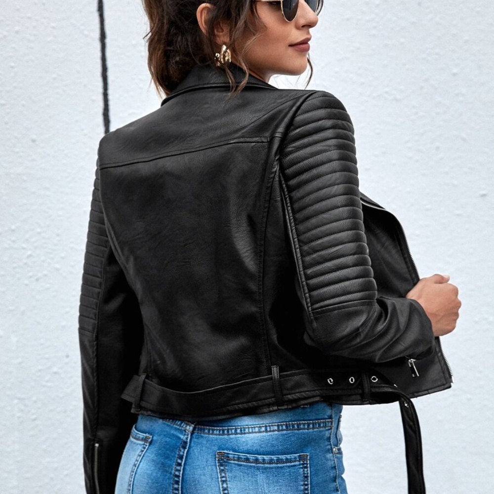 Luxe Vegan Leather Camel Zip up Moto Biker Jacket - Picture 9 of 10